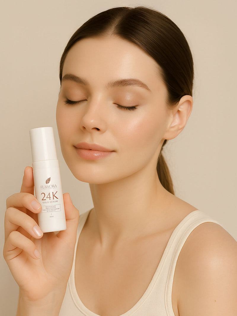 Flawora Anti-Grey Hair Serum For Reversing Grey Hair & Gold Face Serum For Brightening, Anti-Aging