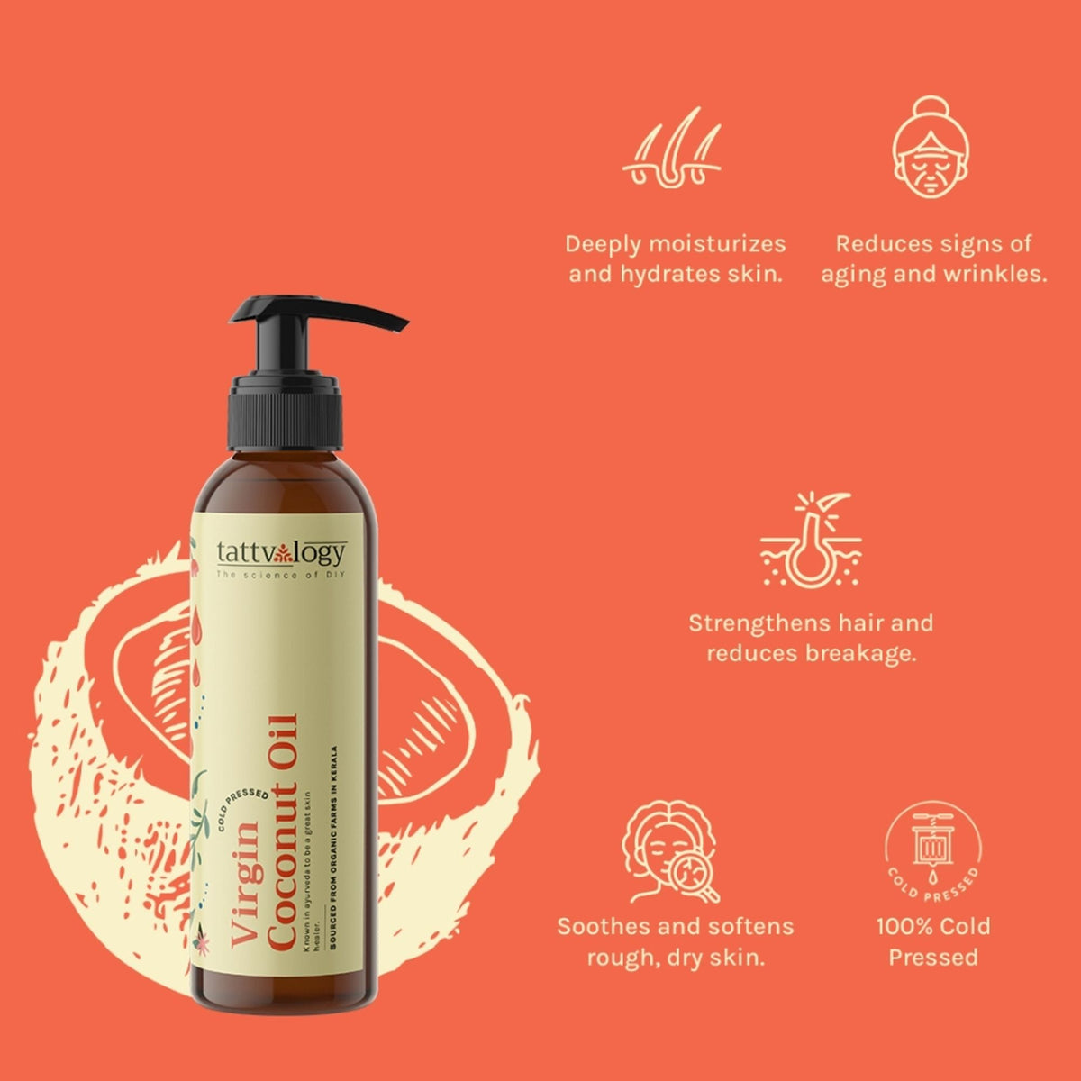Tattvalogy Virgin Coconut Oil - Organic, Lightweight, Deep Moisturizer for Skin & Healthy Hair Care