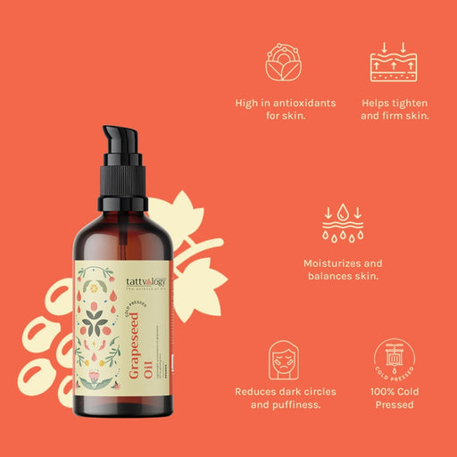 Tattvalogy Organic Grapeseed Oil - Cold Press, Reduces Fine Lines, Boosts Collagen, Evens Skin Tone