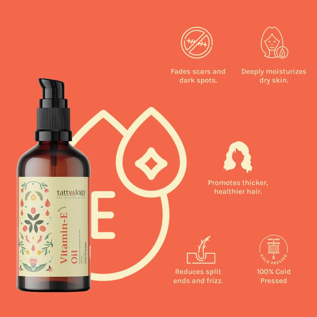 Tattvalogy Pure Vitamin-E Oil -Natural Source, Evens Skin Tone, Reduces Pigmentation & Nourish Hair