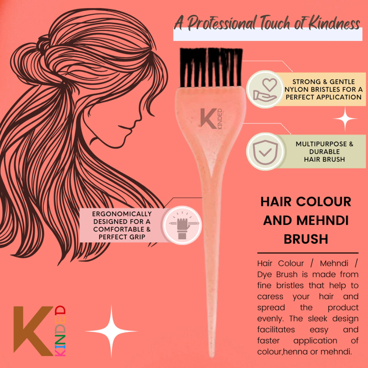 KINDED Multipurpose Pink & Orange Hair Color and Mehndi Brush Set of 2