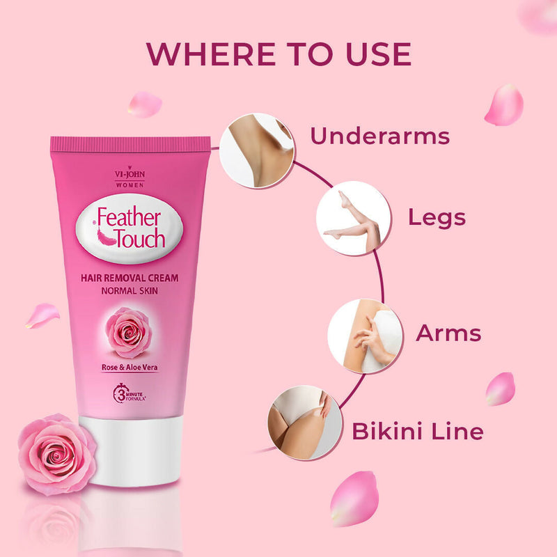 VI-JOHN Feather Touch Rose & Aloevera Hair Removal Cream for Women for Normal Skin, Suitable for Legs, Underarms, Bikini Line, Arms