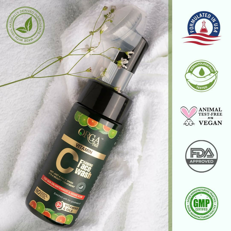 Orgatre Vitamin C Foaming Face Wash with Built-in Silicon Brush, Niacinamide Foaming cleanser for Acne prone Skin