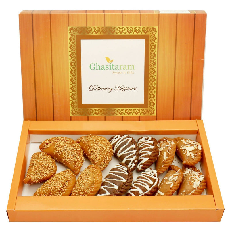 Ghasitaram Holi Sweets - Roasted Til/ Sesame, Traditional Gujiyas Box and Chocolate Gujiyas Box