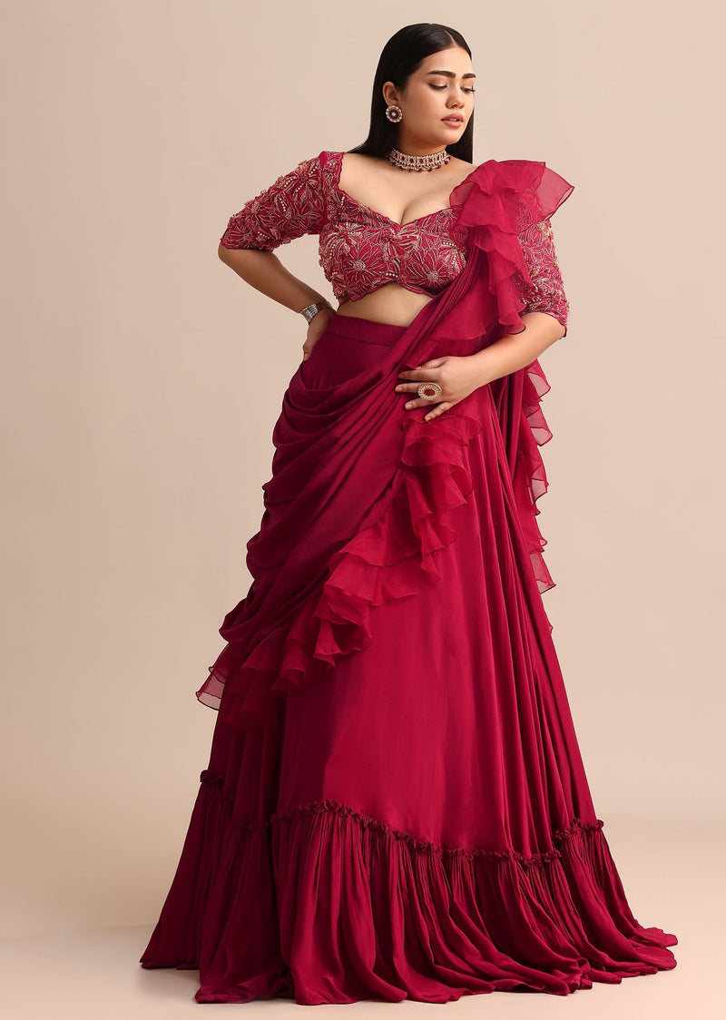 Cherry Red Lehenga With Ruffle Drape