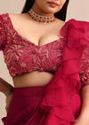 Cherry Red Lehenga With Ruffle Drape