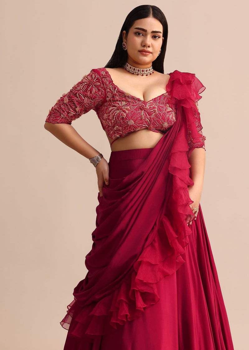 Cherry Red Lehenga With Ruffle Drape