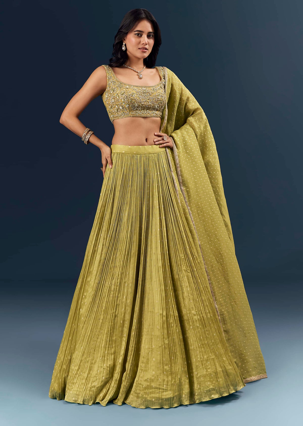 Citrus Green Banarasi Silk Bridesmaid Lehenga With Delicate Hand Embroidery