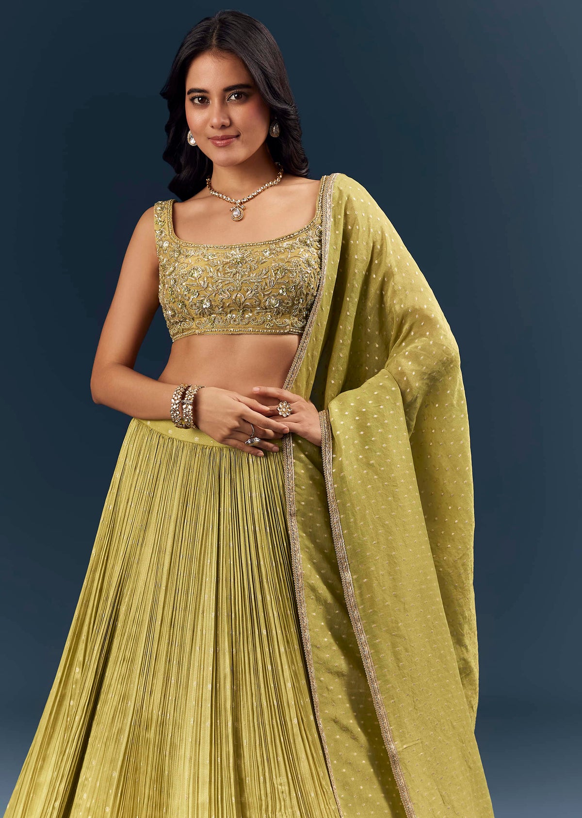 Citrus Green Banarasi Silk Bridesmaid Lehenga With Delicate Hand Embroidery