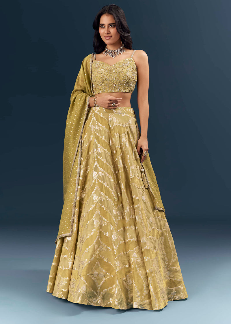 Citrus Green Banarasi Silk Bridesmaid Lehenga With Heavy Hand Embroidery