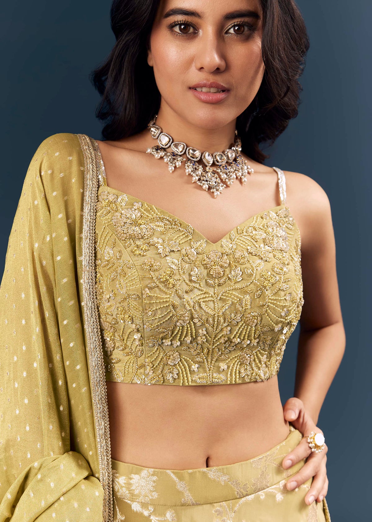 Citrus Green Banarasi Silk Bridesmaid Lehenga With Heavy Hand Embroidery