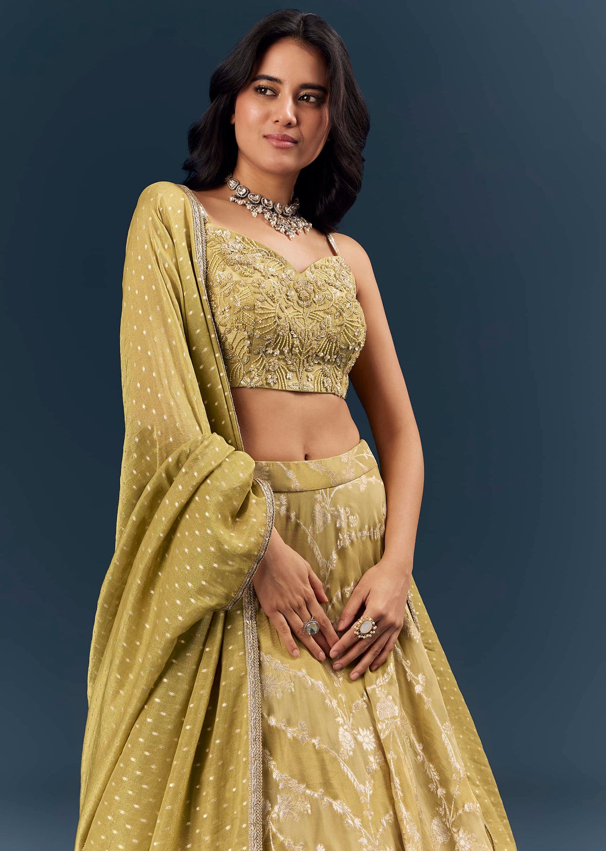 Citrus Green Banarasi Silk Bridesmaid Lehenga With Heavy Hand Embroidery