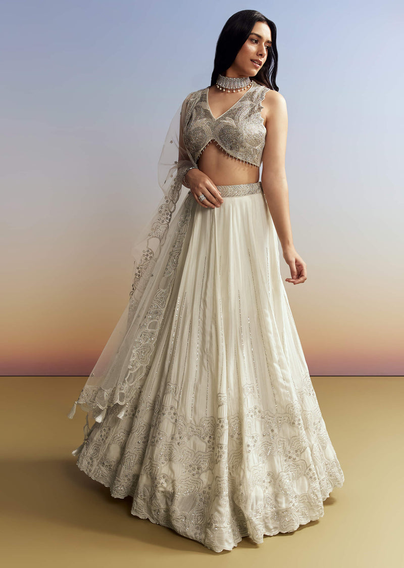 Cream Chinon Lehenga with Net Choli