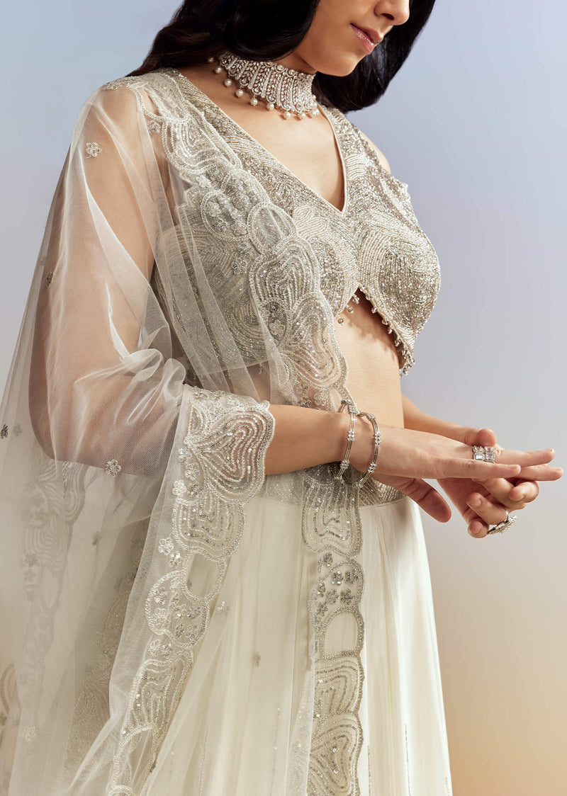 Cream Chinon Lehenga with Net Choli