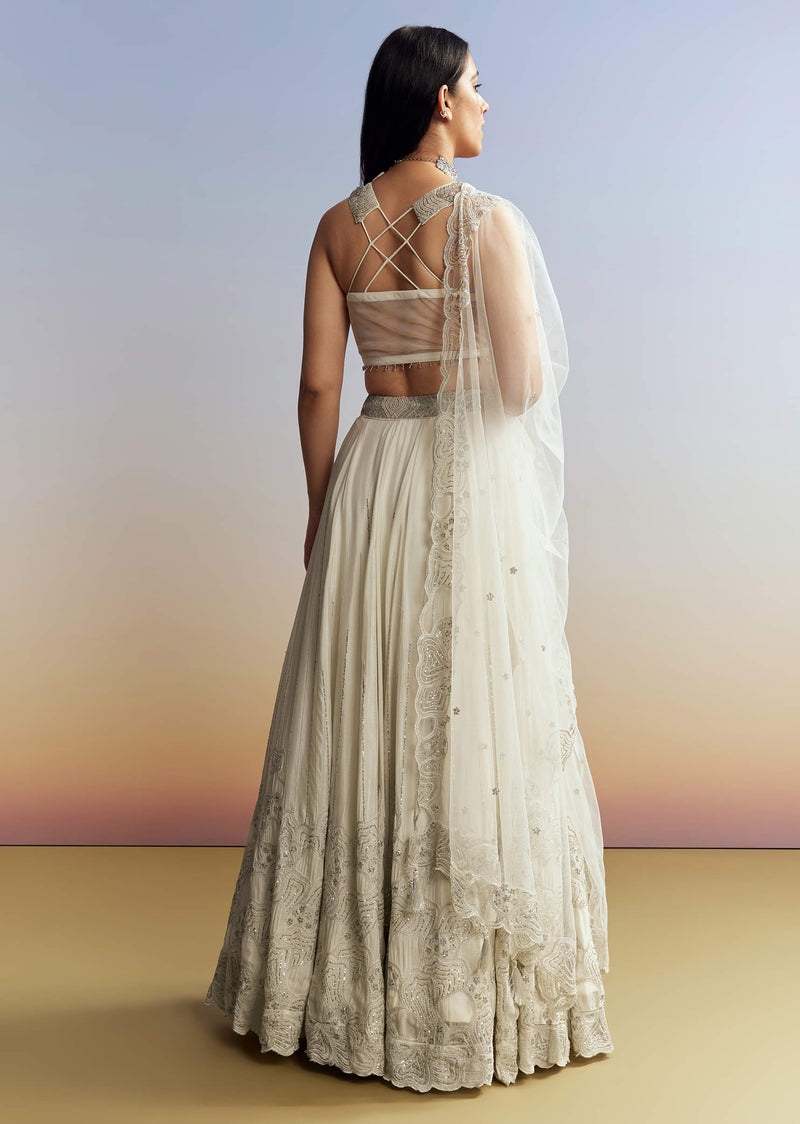 Cream Chinon Lehenga with Net Choli