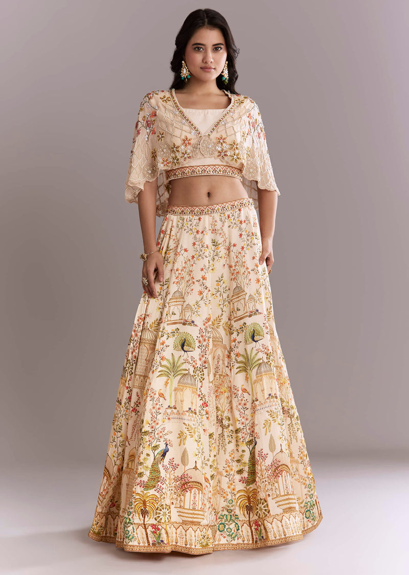 Cream Crepe Crop Top And Printed Skirt Set With Beads Embroidery