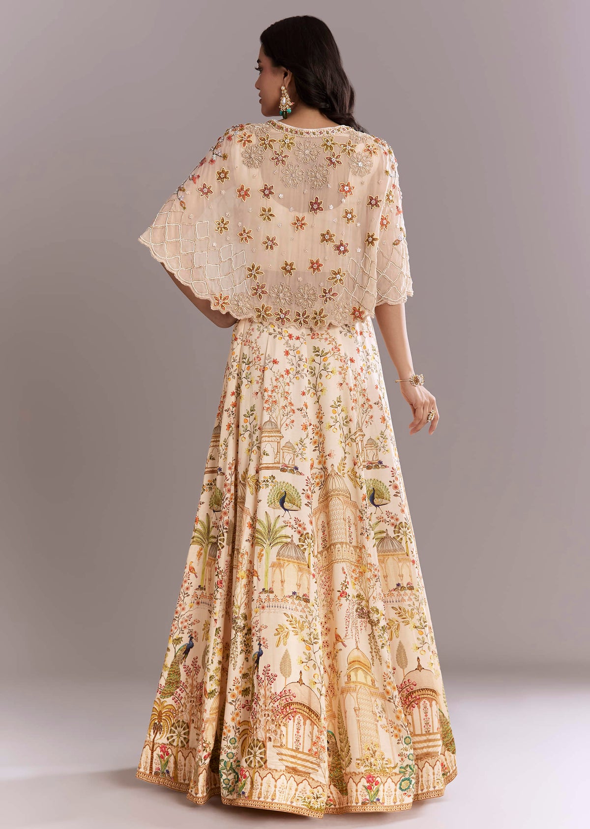 Cream Crepe Crop Top And Printed Skirt Set With Beads Embroidery