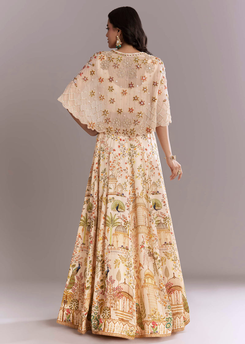 Cream Crepe Crop Top And Printed Skirt Set With Beads Embroidery