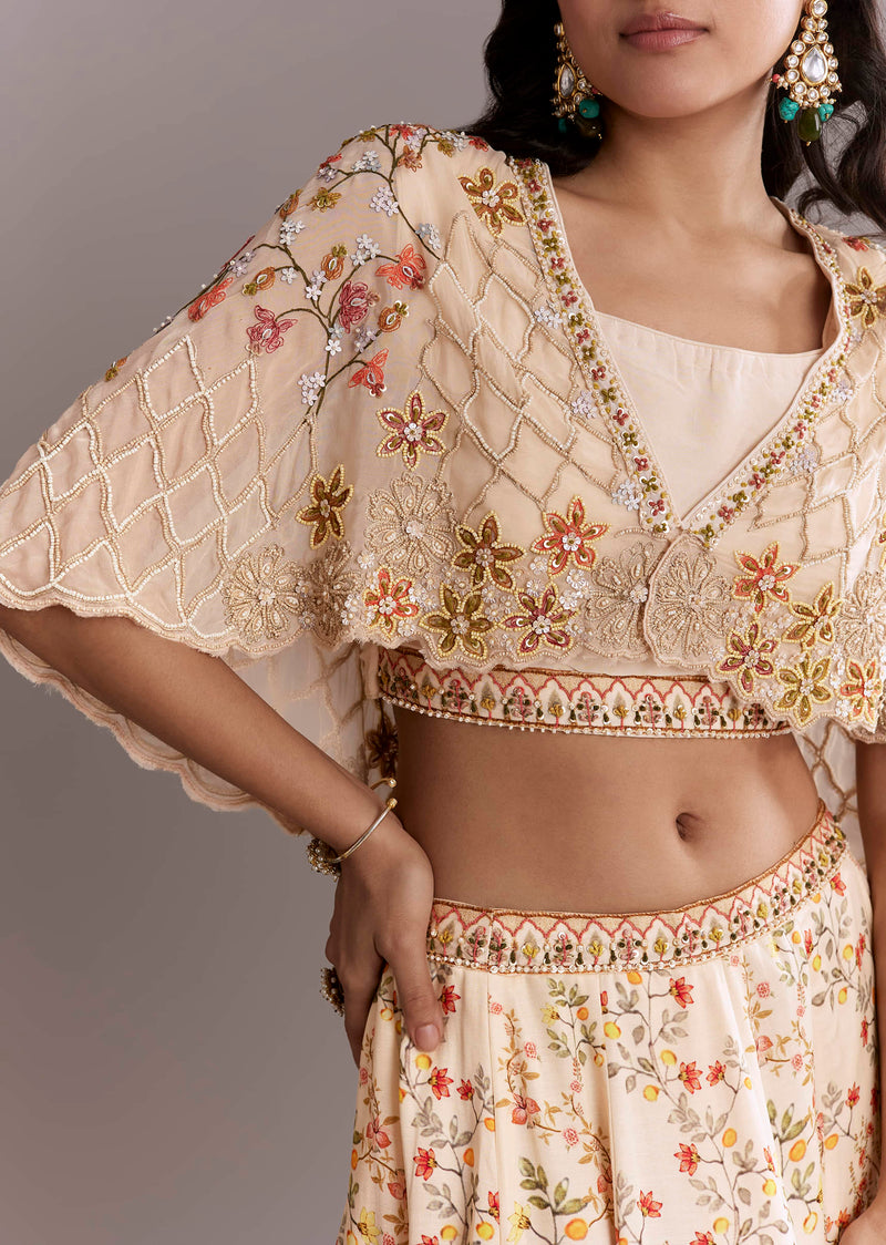 Cream Crepe Crop Top And Printed Skirt Set With Beads Embroidery