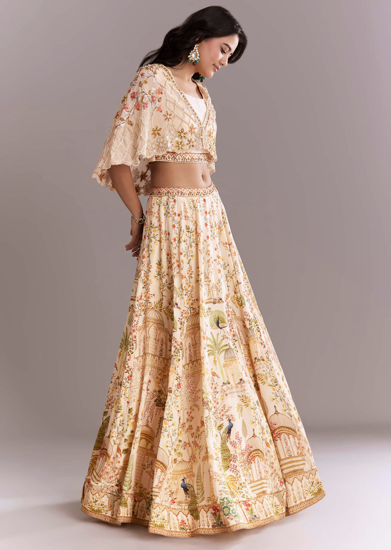 Cream Crepe Crop Top And Printed Skirt Set With Beads Embroidery