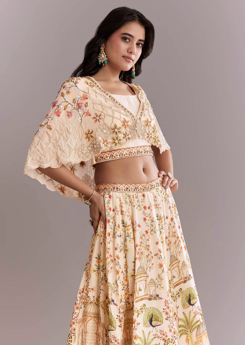 Cream Crepe Crop Top And Printed Skirt Set With Beads Embroidery
