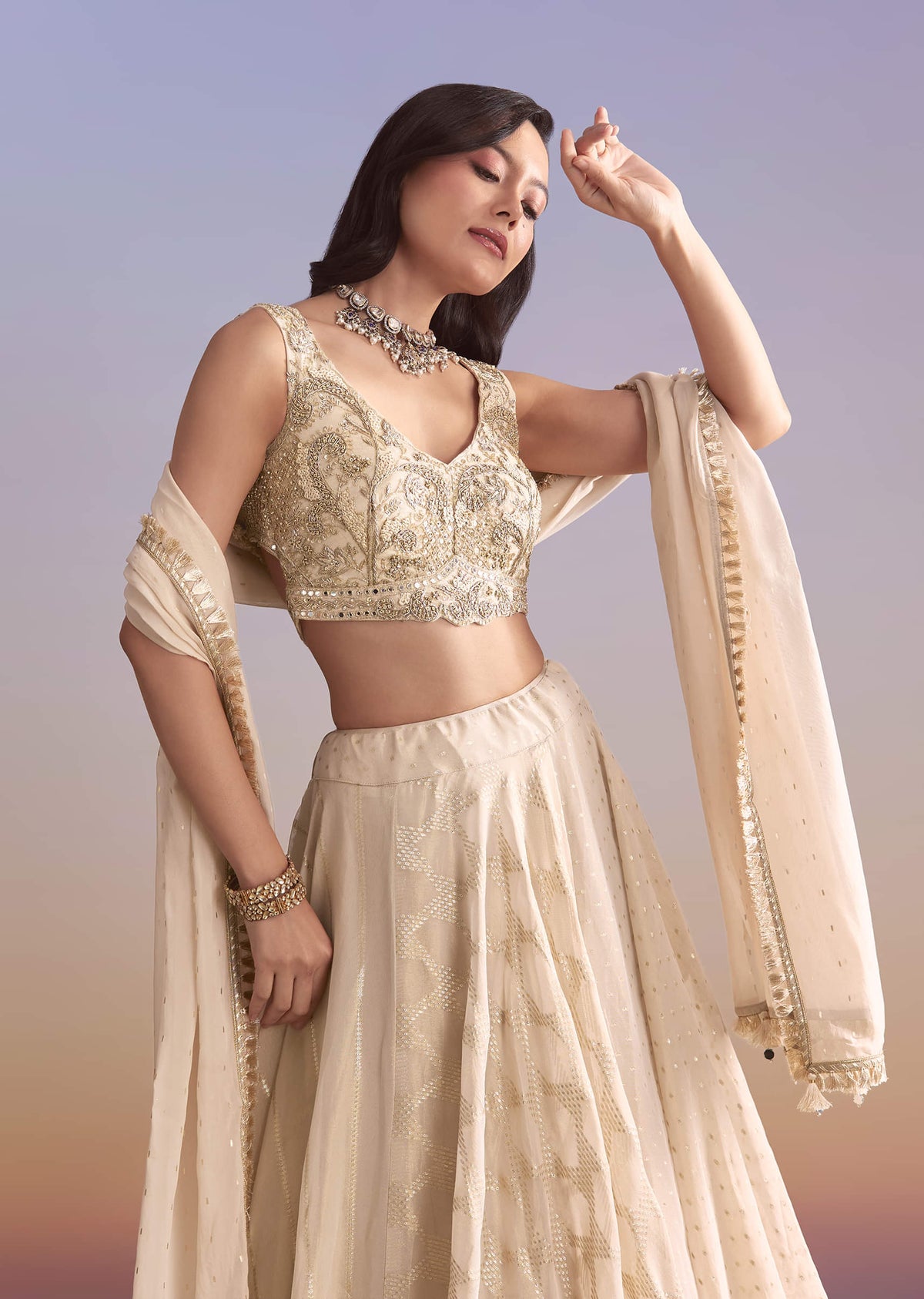 Cream Tissue Silk Bridesmaid Lehenga With Zardosi Embroidery