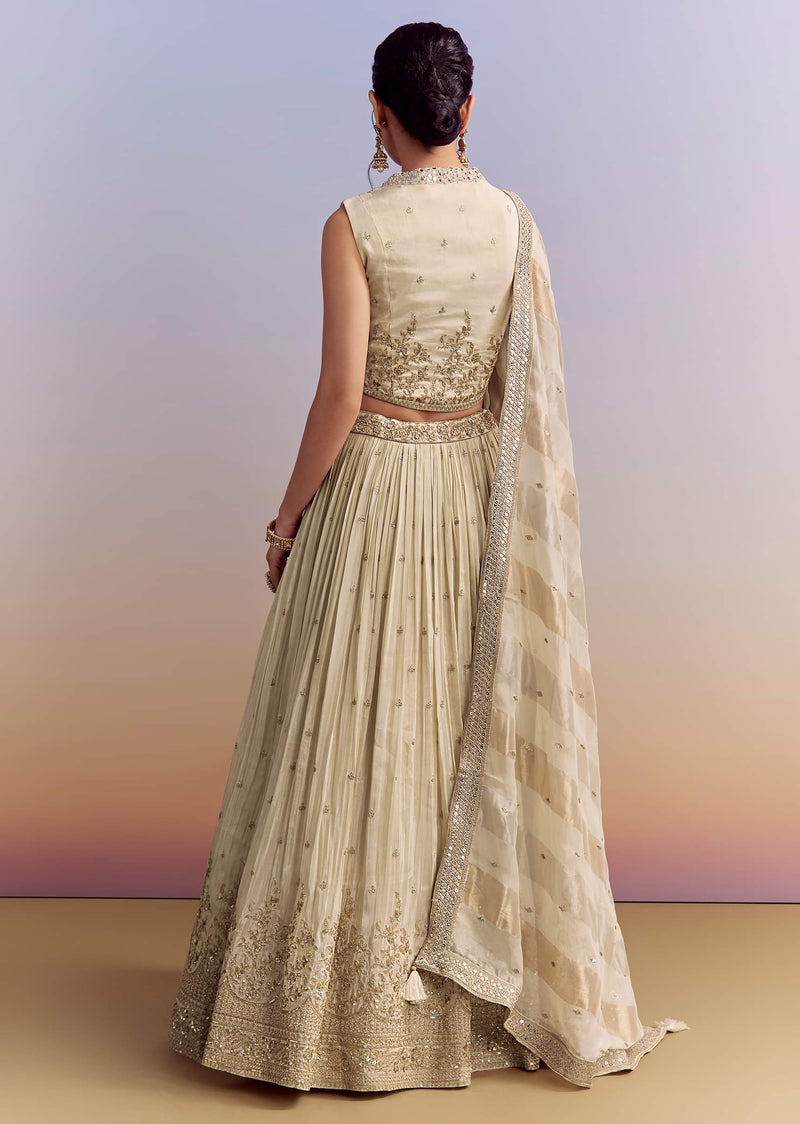 Cream Chinon Bridesmaid Lehenga With Tissue Dupatta