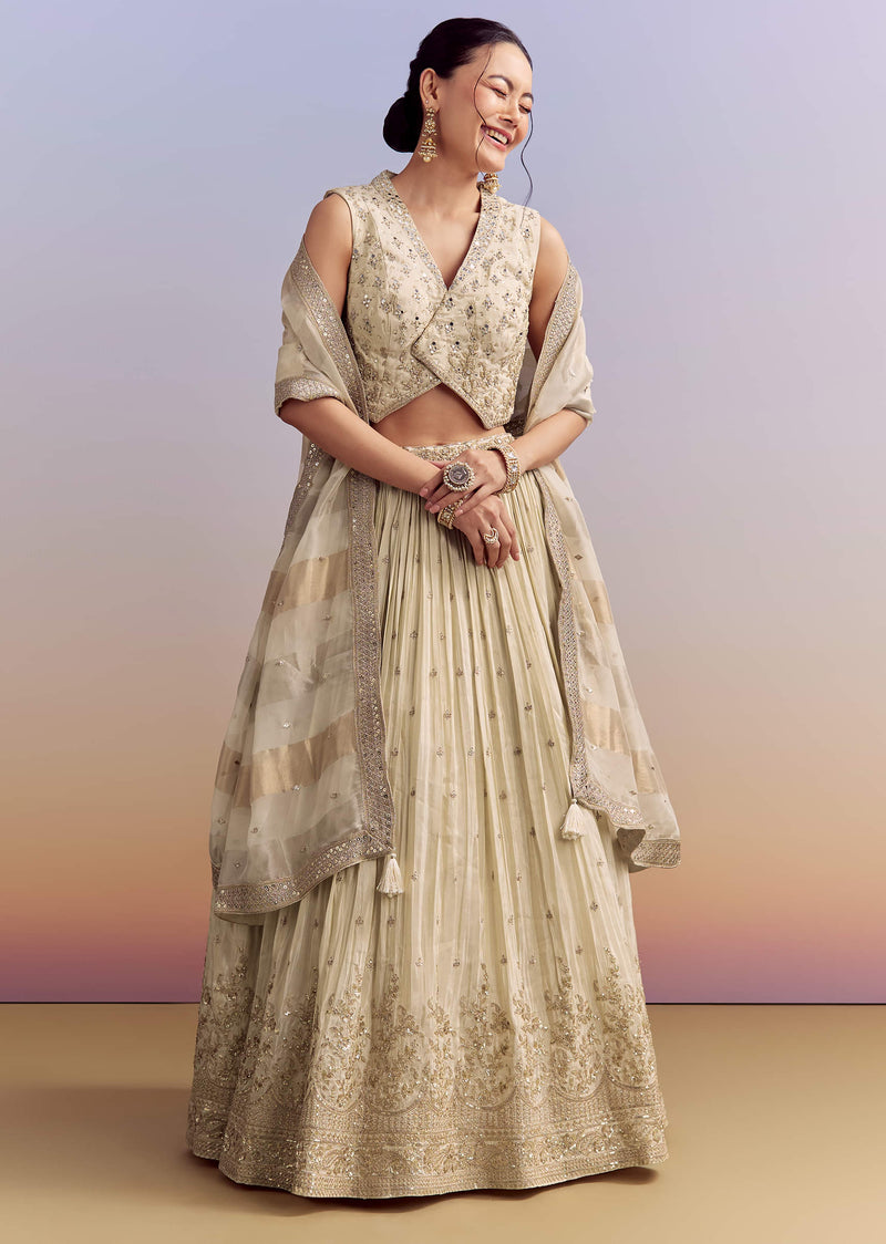 Cream Chinon Bridesmaid Lehenga With Tissue Dupatta