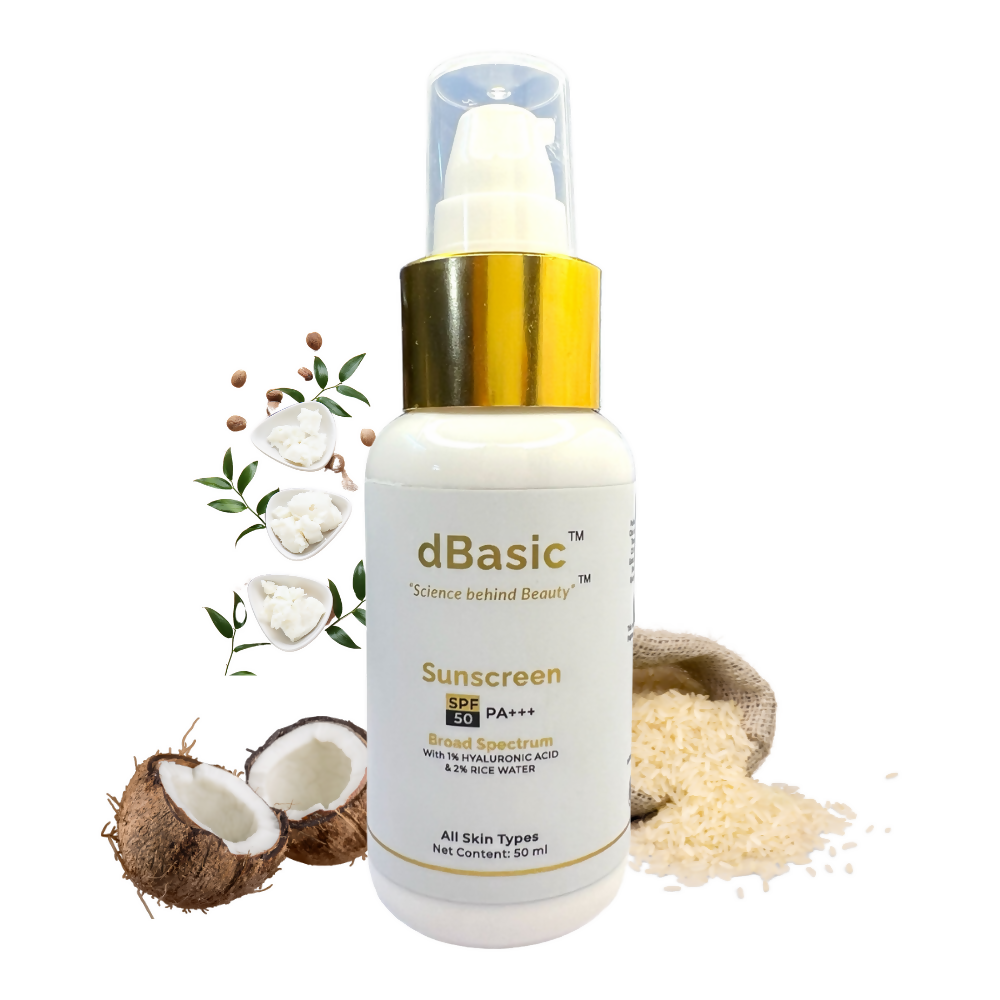 dBasic sunscreen bottle with coconut and rice ingredients on a white background