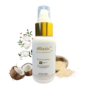 dBasic sunscreen bottle with coconut and rice ingredients on a white background