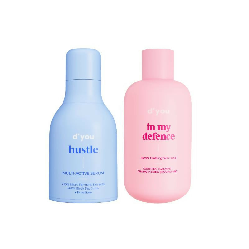 Two skincare bottles, one blue and one pink, on a white background.