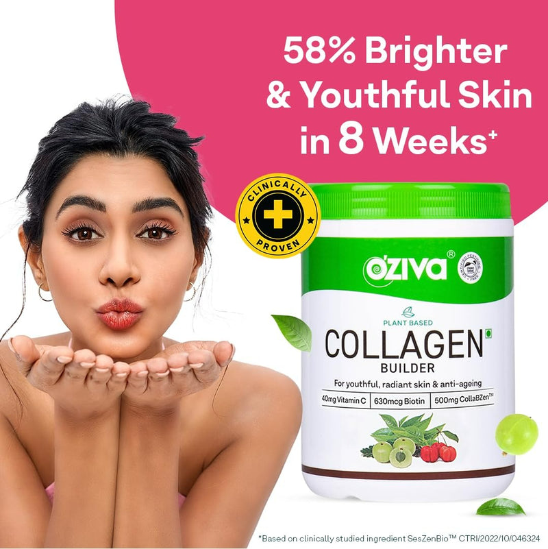 OZiva Vegan Collagen Builder with Biotin & Vitamin C For Brighter & Youthful Skin | Collagen Supplement For Women & Men | Plant Based Collagen Powder