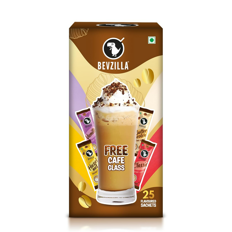 Bevzilla Premium Glass & 25 Flavoured Coffee Sachets