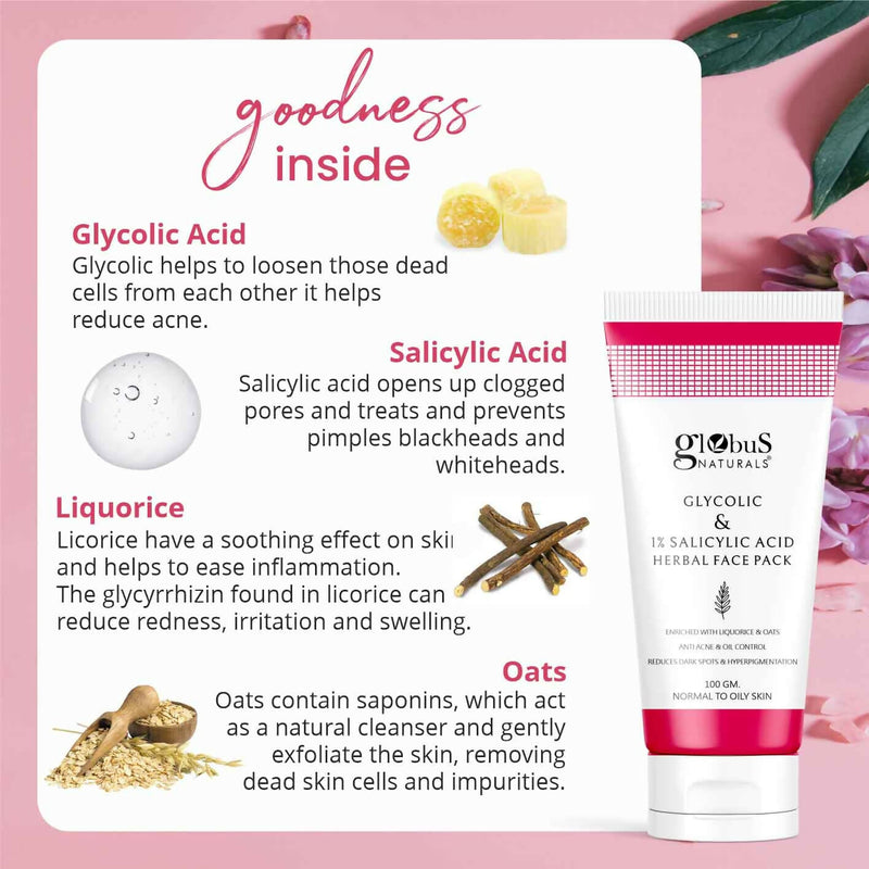 Globus Naturals Anti Acne Glycolic & 1 % Salicylic Acid Face Pack, For Acne Prone & Oily Skin