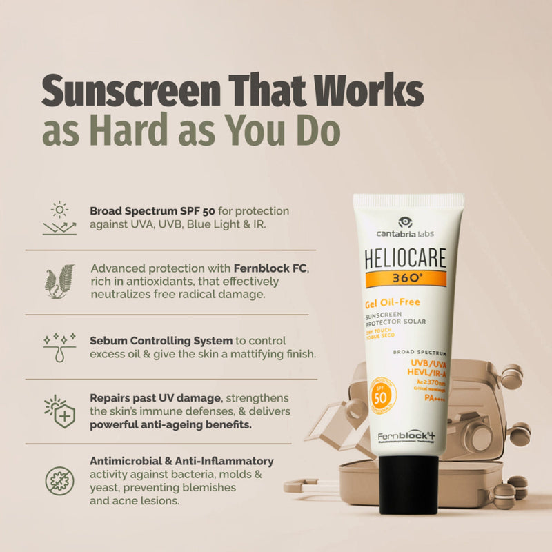Heliocare 360 Gel Oil-Free Sunscreen SPF 50 Pa++++ Oily & Combination Skin, Anti-Acne, Matte Finish