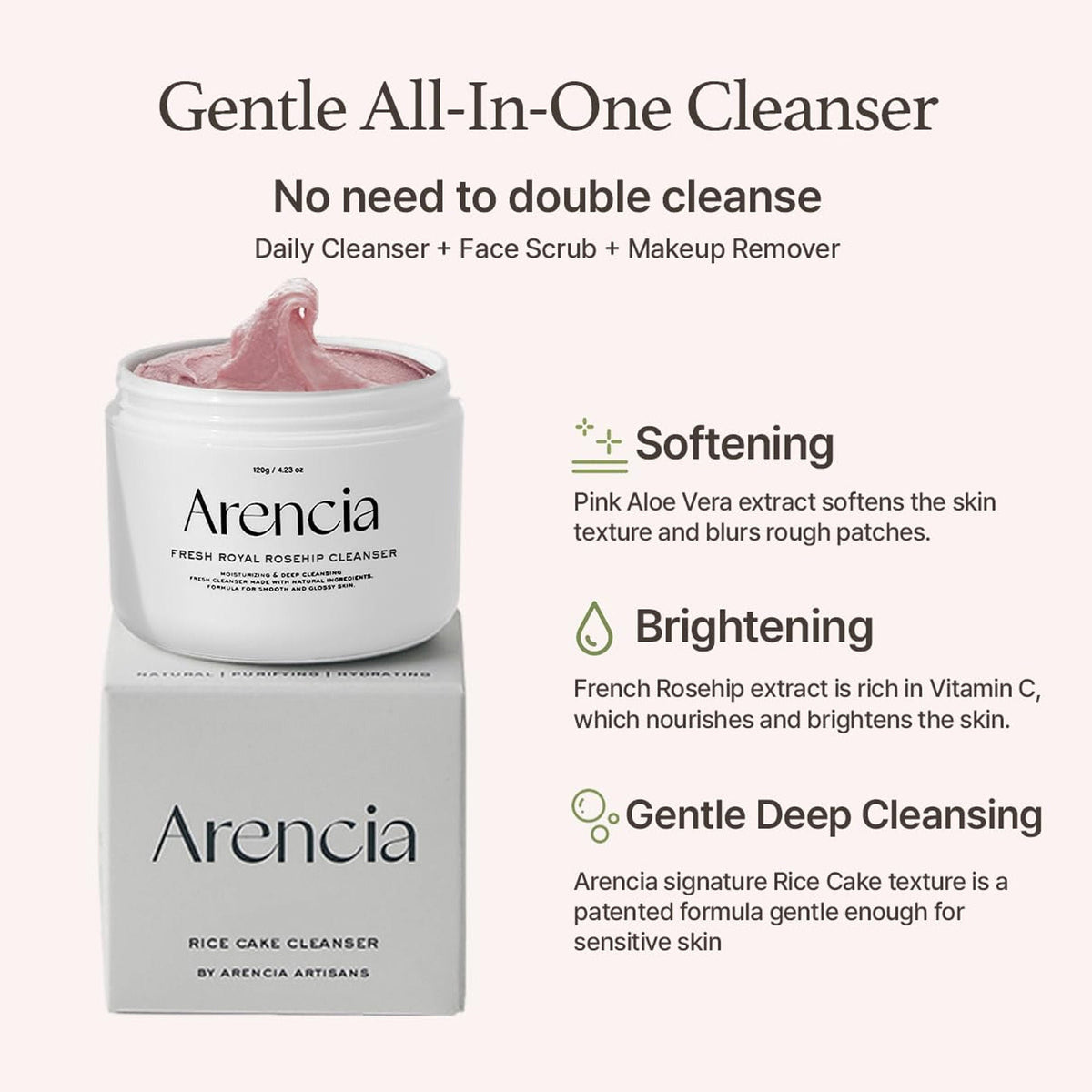 Arencia Fresh Rosehip Rice Mochi Cleanser - All-In-One Cleanser, Mask & Makeup Remover for Dull Skin