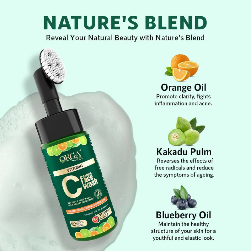 Orgatre Vitamin C Foaming Face Wash with Built-in Silicon Brush, Niacinamide Foaming cleanser for Acne prone Skin