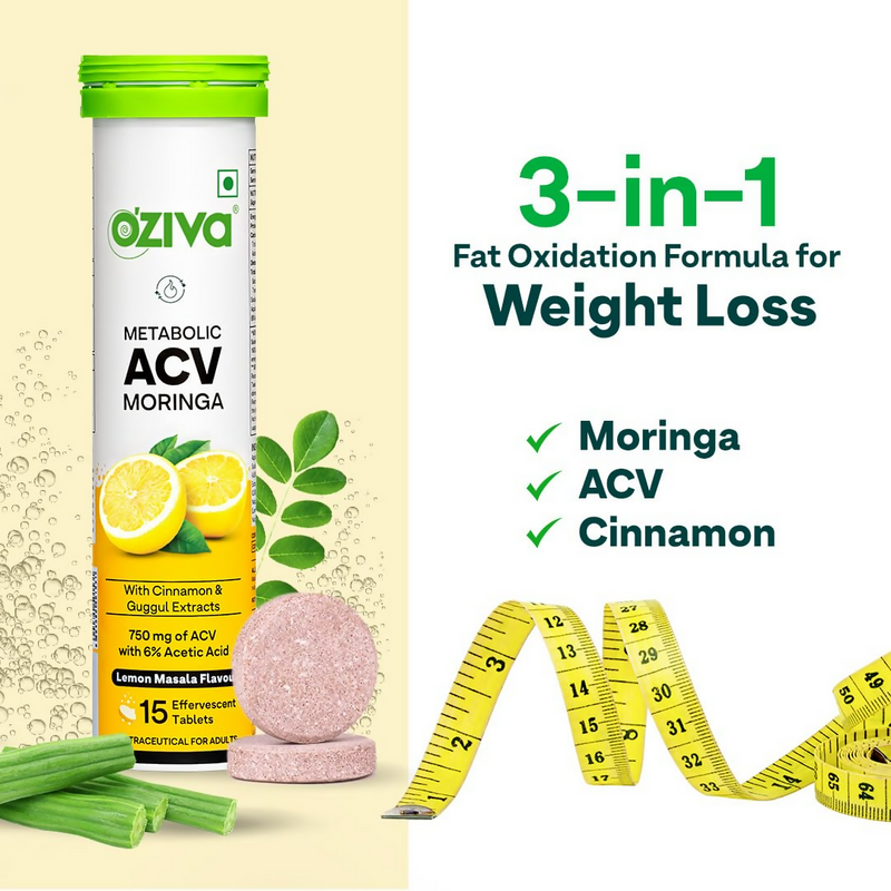 OZiva Metabolic ACV Moringa Effervescent Tablets for Control Cravings - Lemon Masala Flavor