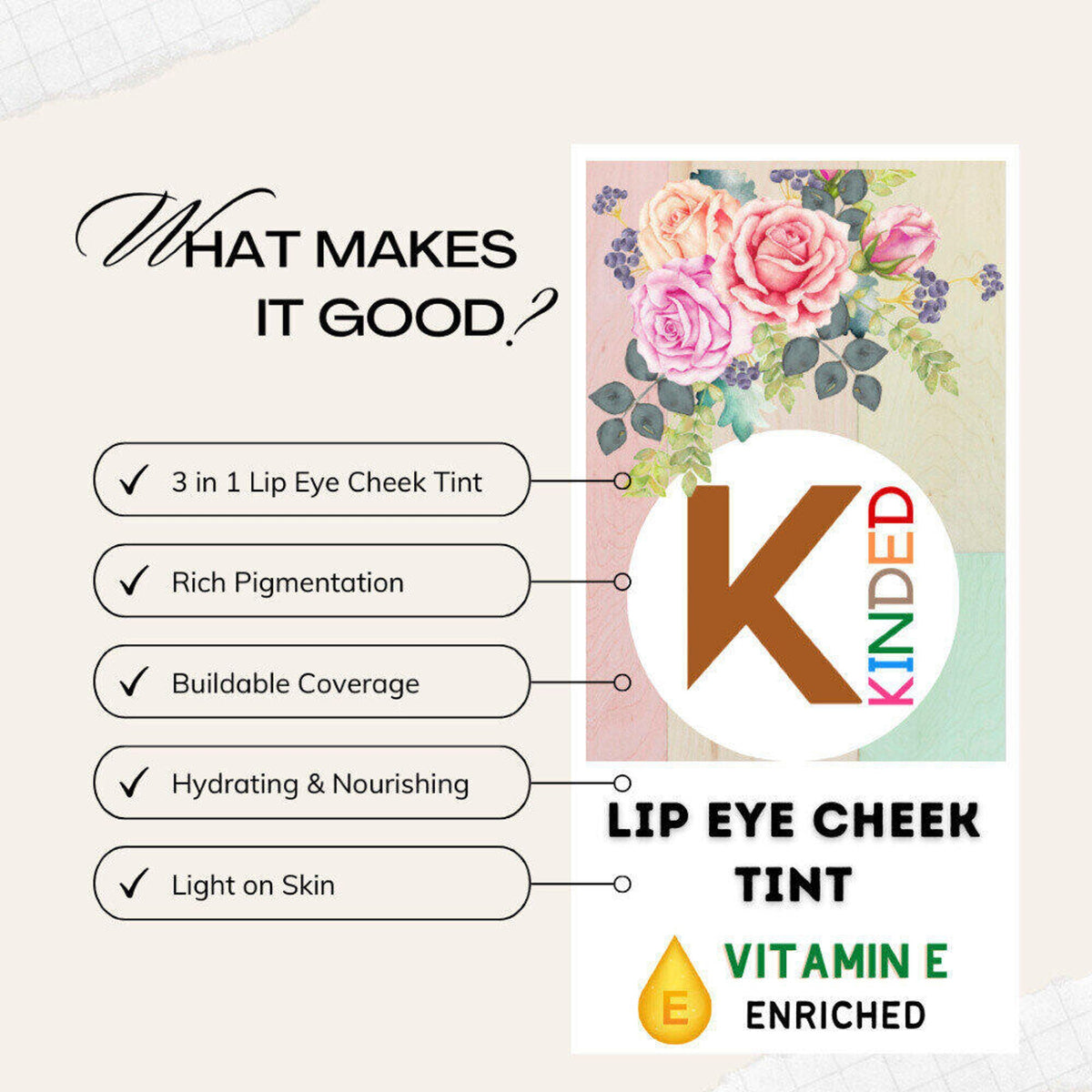 KINDED Lip, Eye & Cheek Tint with Vitamin-E Enriched - 01 Barbie Pink