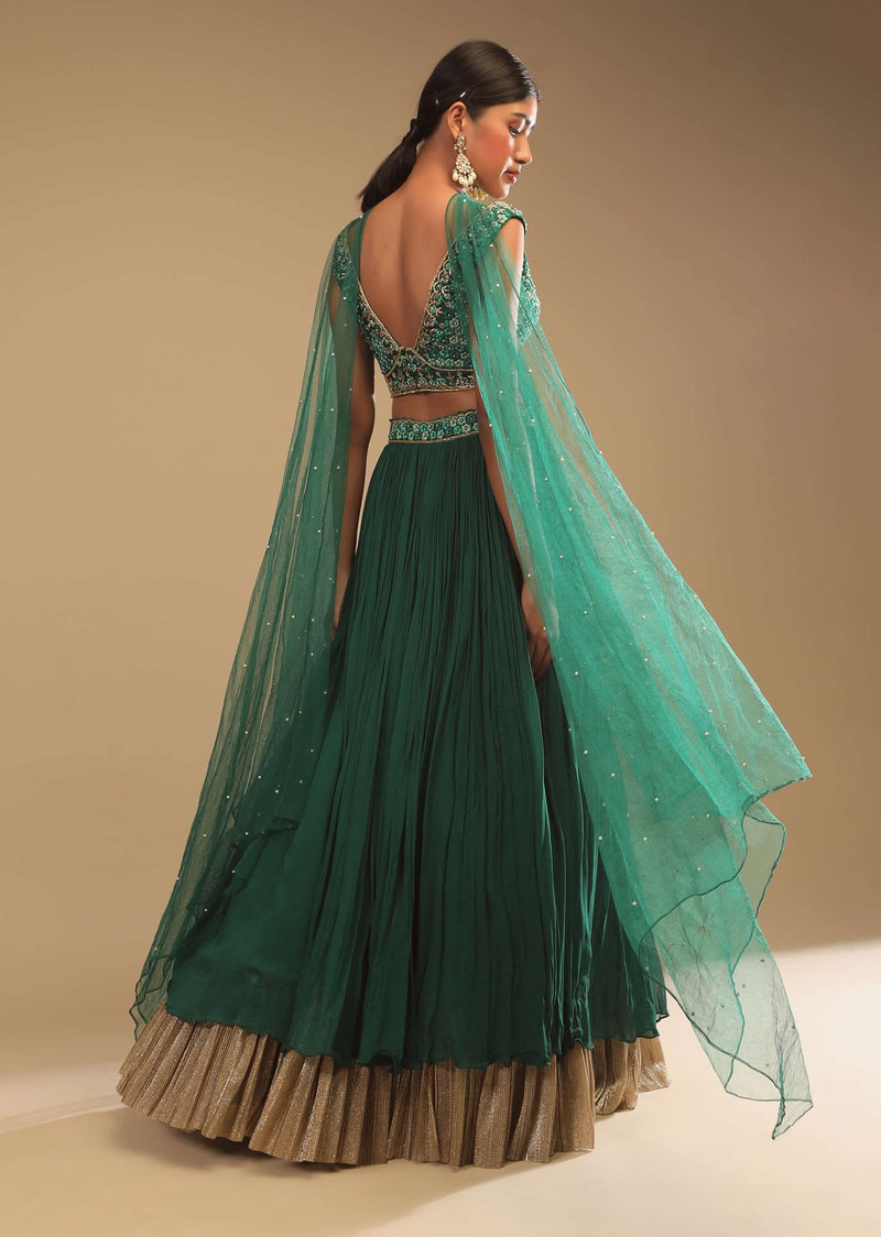 Emerald Green Lehenga In Georgette With A Plunging Neck Crop Top Featuring Floral Hand Work And Choker Dupatta