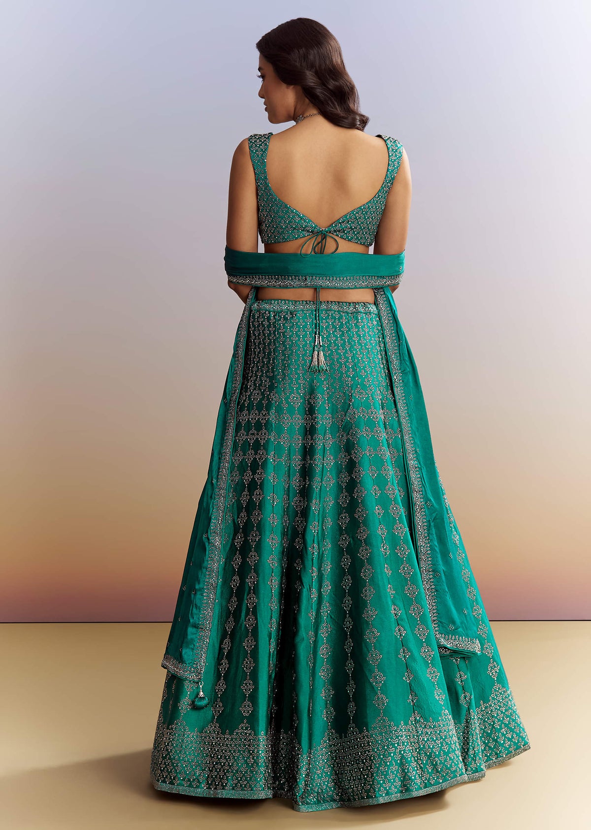 Emerald Green Satin Bridesmaid Lehenga With Stone Work