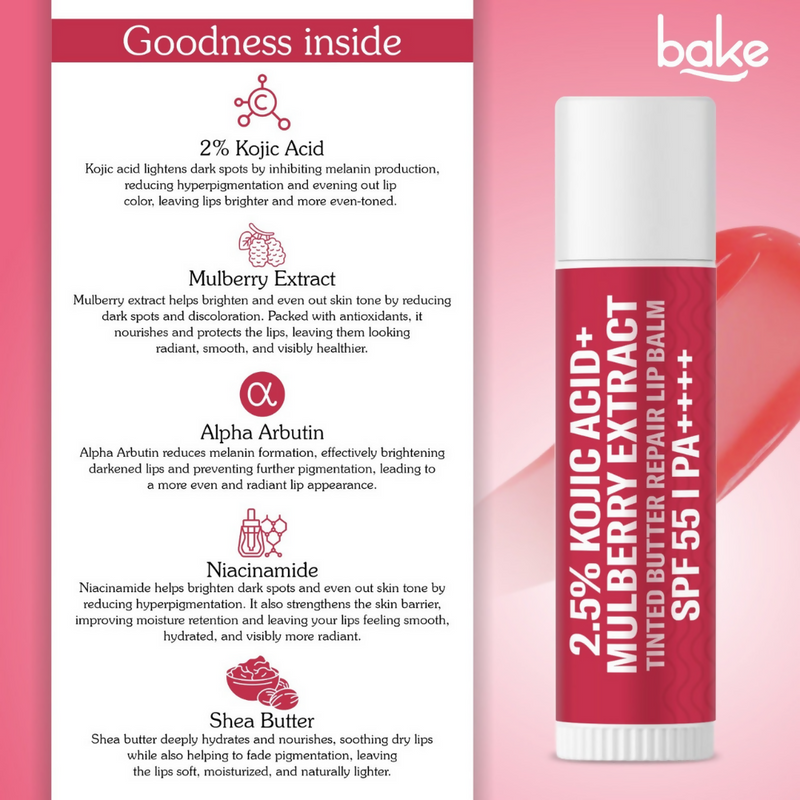 Bake 2.5% Kojic Acid Mulberry Extract Tinted Butter Brightening Lip Balm SPF 55 PA++++