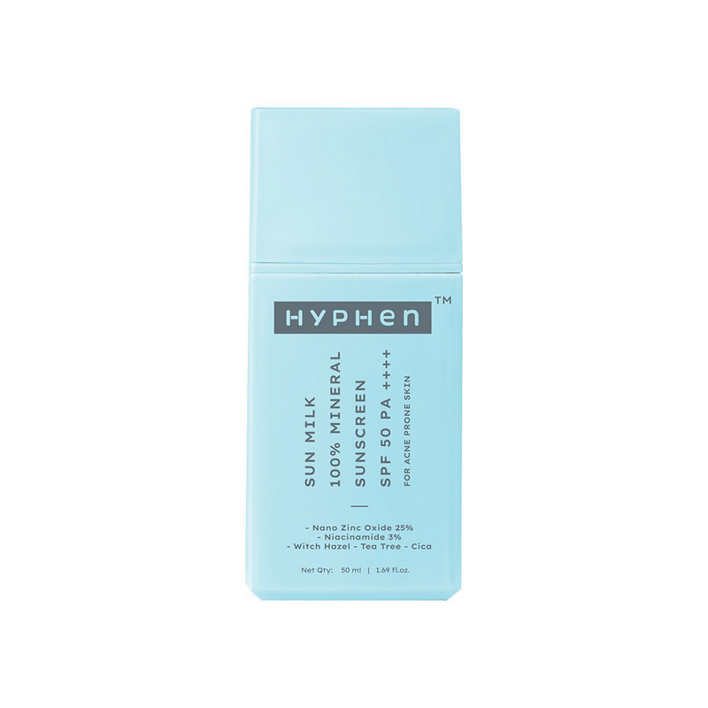 Hyphen Sun Milk 100% Mineral Sunscreen SPF 50 PA++++ 25% Nano Zinc Oxide For Acne Prone, Oily Skin