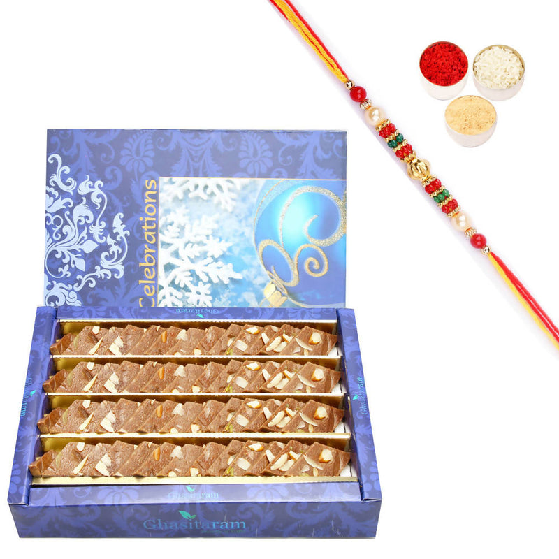 Ghasitaram Chocolate Kaju Katli With Pearl Beads Rakhi