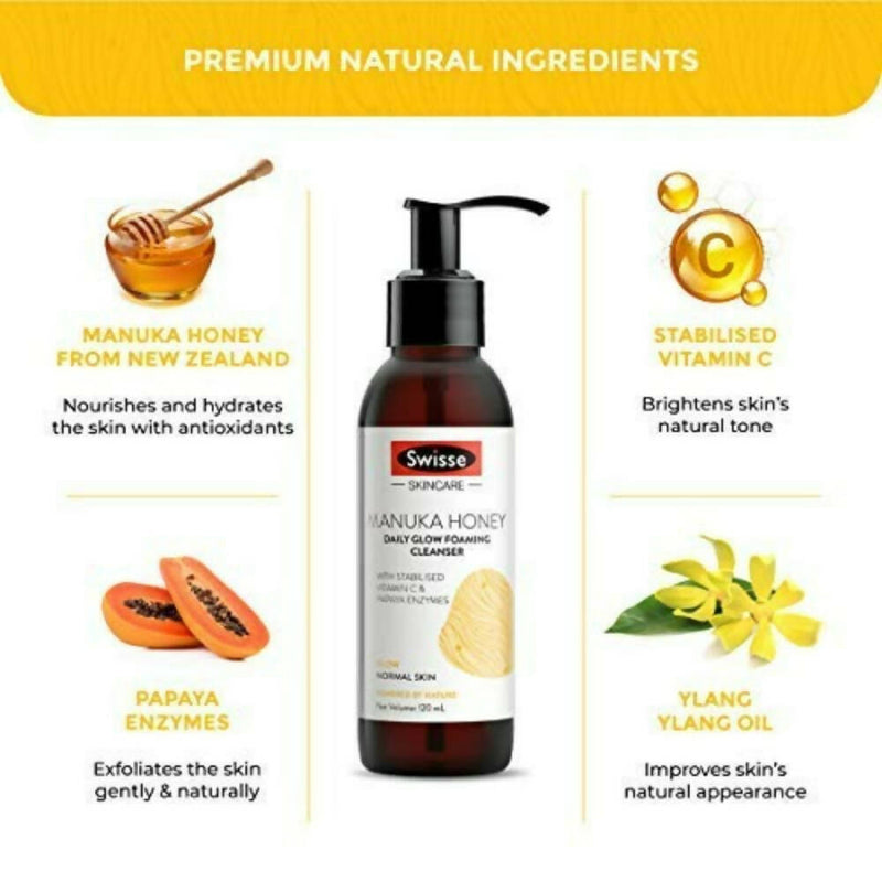 Swisse Skincare Manuka Honey Daily Glow Foaming Cleanser Face Wash with Vitamin C & Papaya Enzymes