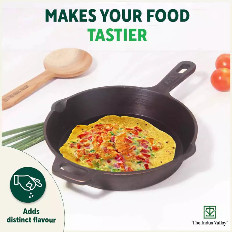 The Indus Valley Super Smooth Cast Iron Frypan+ Free ₹110 Spatula, Pre-seasoned, Nonstick, 100% Pure,Toxin-free, 25.4cm, 1.7L, 2.4kg