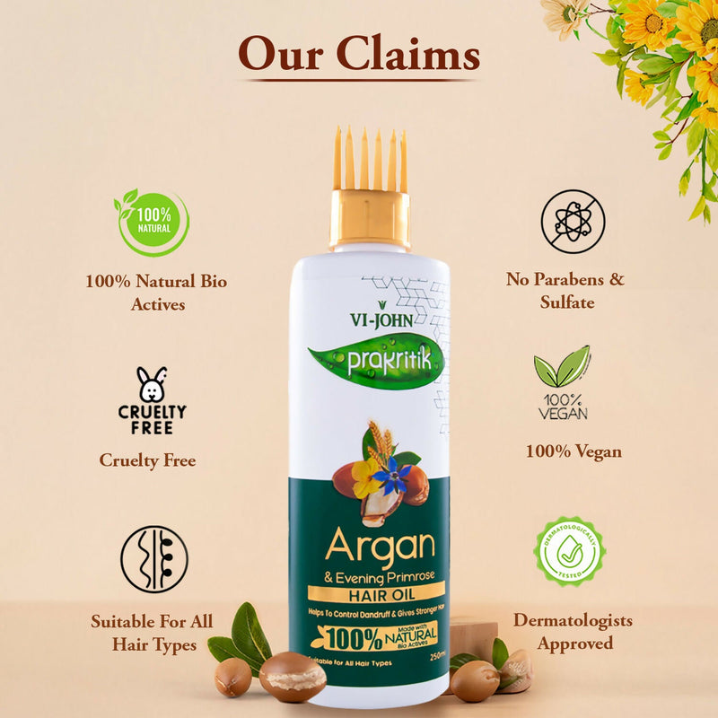 VI-JOHN Prakritik Argan & Evening Primrose Hair oil, Helps to Control Dandruff,100% Bio Actives Hair Oil