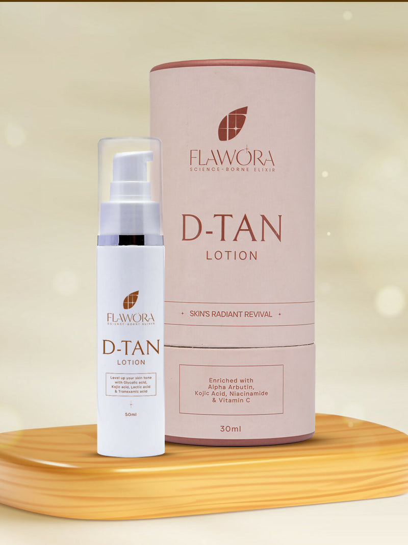Flawora D-Tan Lotion, Anti Acne Serum And Gold Face Serum Combo