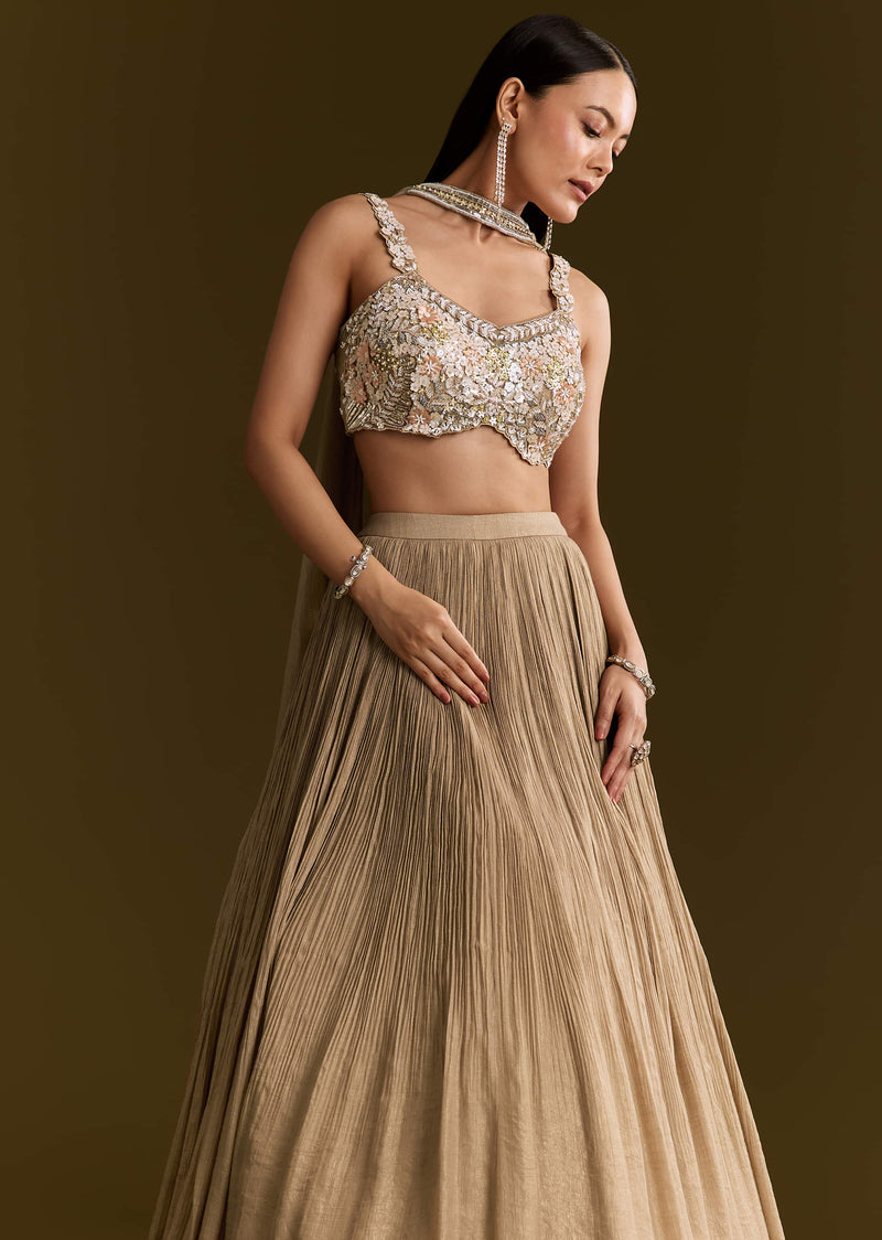 Gold French Tissue Lehenga With Sequins And Choker Dupatta