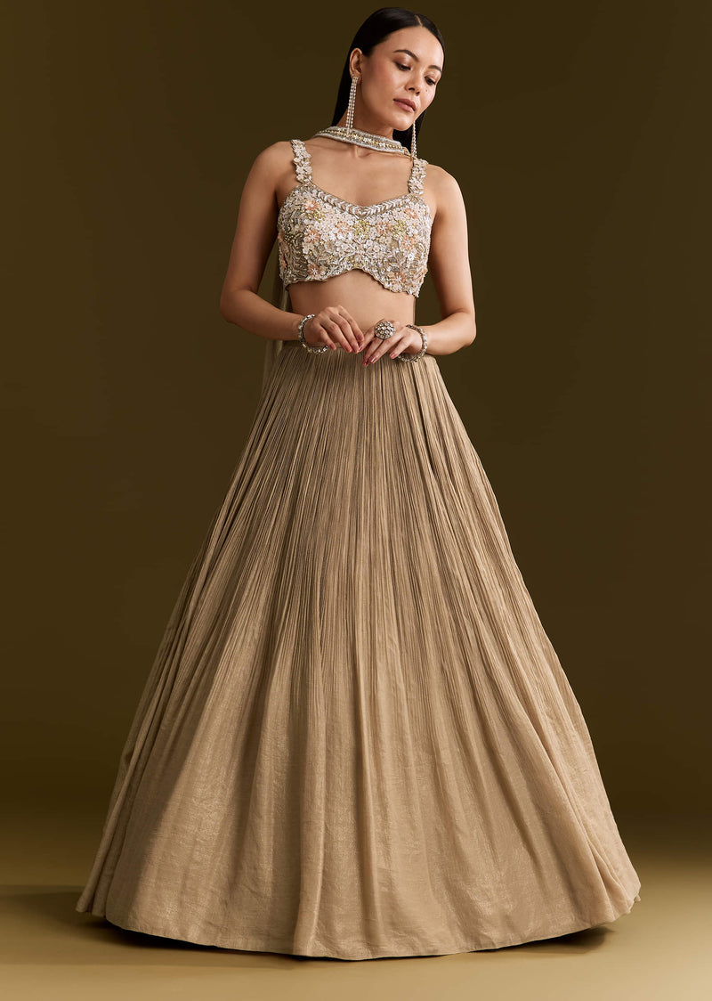 Gold French Tissue Lehenga With Sequins And Choker Dupatta